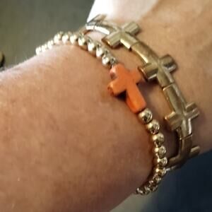 Silver & Gold Metal Bangle & Stretchy Beads Lot Handcuffs, Crosses 5 Bracelets